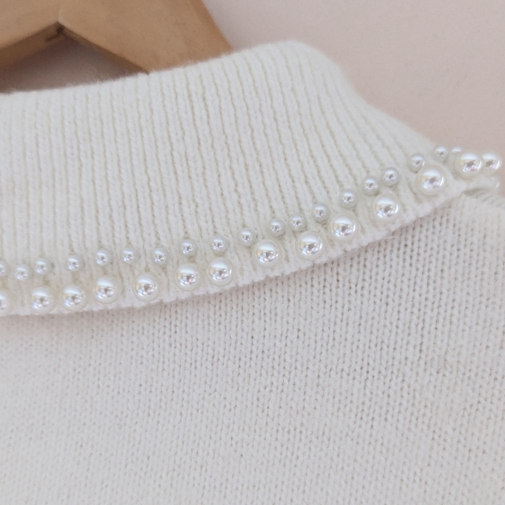 H&M Off White Knit Sweater Dress Pearl Bead Peter Pan Collar Large - Picture 9 of 16